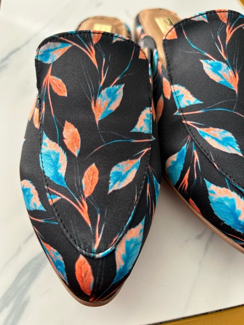 Chula Leaf Print Pointed Toe Mules | Black Satin Slip-On Flats 🌟Size 5 - Picture 4 of 8
